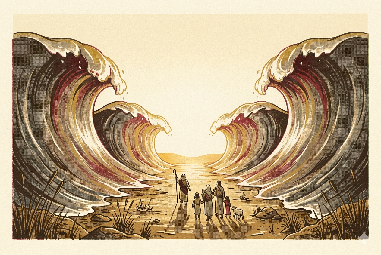 The parting of the Red Sea — a family follows Moses along the dry seabed toward a glowing sunrise.